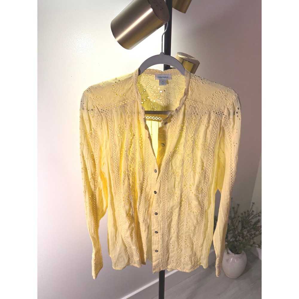 Sundance western eyelet blouse lemon yellow fall denim layering western lace euc